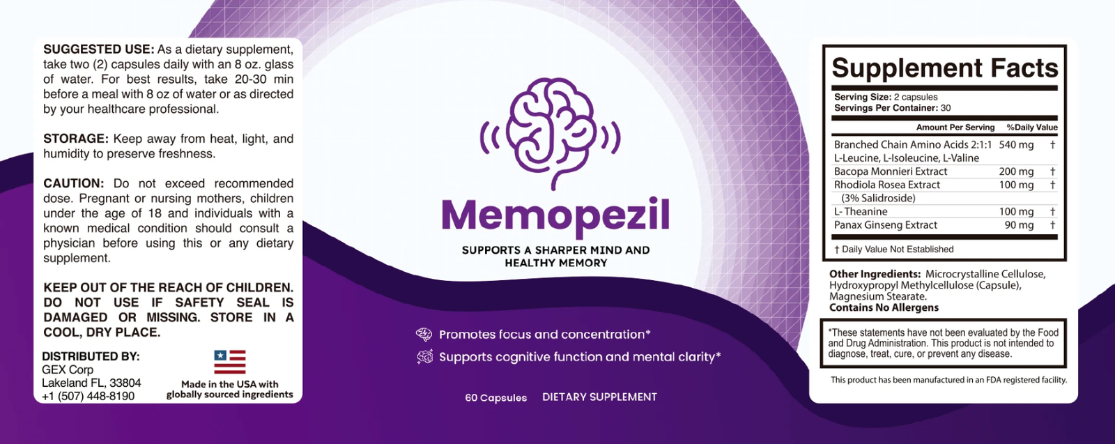 Memopezil Official Supplement Facts Label